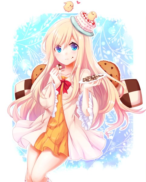 Anime picture 1000x1241 with tales weaver (game) anais del caril yuya (night lily) single long hair tall image looking at viewer blush blue eyes blonde hair girl dress sweets cake cookie (cookies)