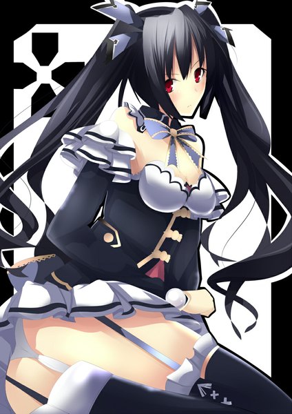 Anime picture 800x1131 with choujigen game neptune noire daiaru single long hair tall image blush light erotic black hair red eyes twintails ass girl thighhighs dress underwear panties bow black thighhighs hair bow