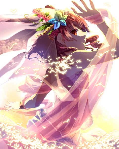 Anime picture 1000x1250 with magi the labyrinth of magic a-1 pictures morgiana pietani 397 single tall image short hair red eyes red hair traditional clothes profile hair flower girl hair ornament insect butterfly shawl rukh (magi)