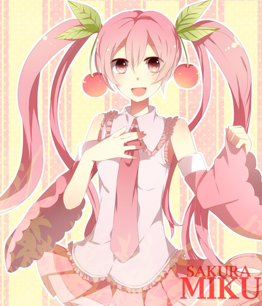 Anime picture 1039x1212 with vocaloid hatsune miku sakura miku etoranze single long hair tall image looking at viewer open mouth twintails pink hair pink eyes cherry blossoms girl detached sleeves necktie