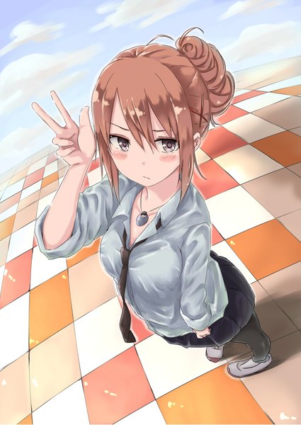 Anime picture 1254x1771 with original rutchifu single long hair tall image blush fringe brown hair standing sky cloud (clouds) pleated skirt from above open clothes hair bun (hair buns) victory checkered floor floor twisty sleeves girl