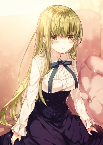 Anime picture 670x938 with shiro seijo to kuro bokushi original cecilia (shiro seijo to kuro bokushi) teigi single long hair tall image looking at viewer blush fringe sitting green eyes green hair underbust :t girl dress pillow