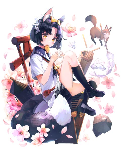 Anime picture 4000x5000 with original animal ears (artist) single tall image looking at viewer blush highres short hair black hair simple background white background sitting holding animal ears yellow eyes absurdres full body tail animal tail fox ears