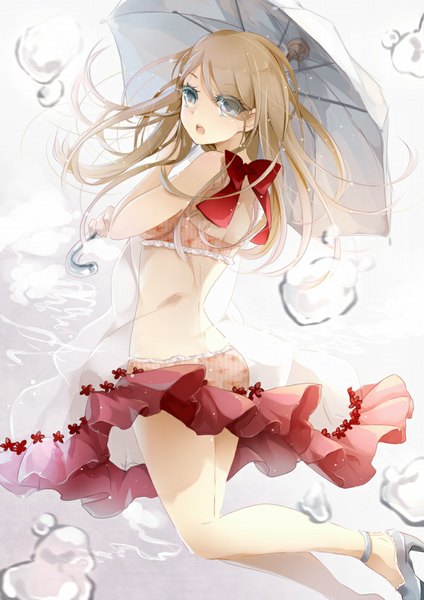 Anime picture 700x990 with original puracotte single long hair tall image looking at viewer open mouth blue eyes brown hair midriff high heels girl dress underwear panties bow water lingerie bra umbrella