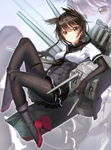 Anime picture 2362x3189 with kantai collection hatsuzuki destroyer chunrijun (springer) single tall image looking at viewer highres short hair black hair yellow eyes girl skirt gloves weapon miniskirt pantyhose black gloves necktie elbow gloves boots