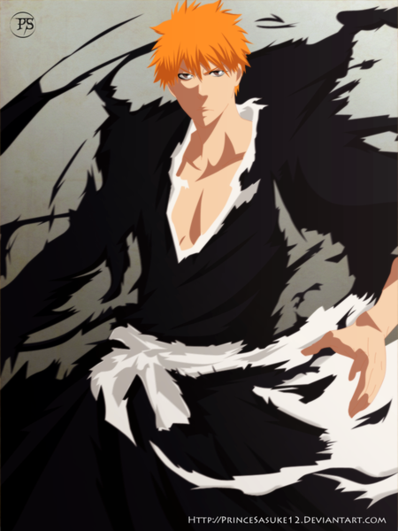 Anime picture 768x1024 with bleach studio pierrot kurosaki ichigo akira-12 single tall image short hair simple background brown eyes signed traditional clothes japanese clothes orange hair grey background coloring torn clothes boy weapon sword belt