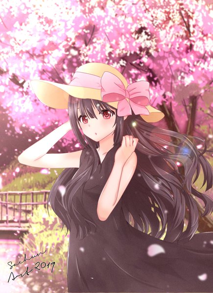 Anime picture 1368x1885 with date a live tokisaki kurumi scnakabane single long hair tall image looking at viewer blush fringe black hair red eyes standing bare shoulders signed payot outdoors wind :o alternate costume cherry blossoms