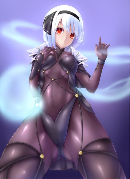 Anime picture 2648x3639 with fate (series) fate/grand order touhou konpaku youmu scathach (fate) (all) myon scathach (fate) evandragon single tall image looking at viewer highres short hair breasts light erotic simple background red eyes white hair from below covered navel