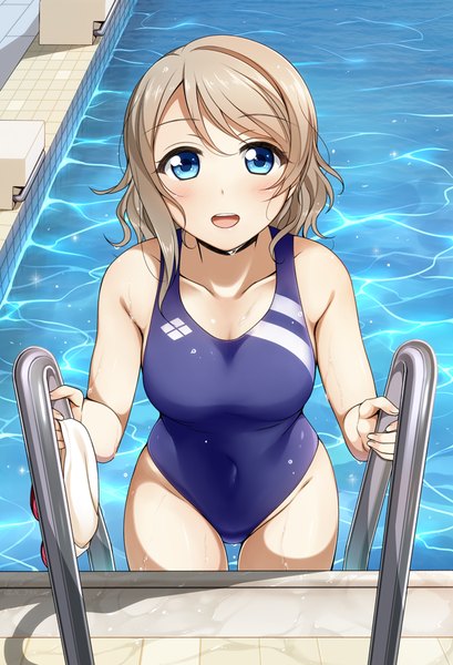 Anime picture 599x878 with love live! sunshine!! sunrise (studio) love live! watanabe you suzume miku single tall image looking at viewer blush fringe short hair open mouth blue eyes light erotic blonde hair smile hair between eyes standing bare shoulders holding