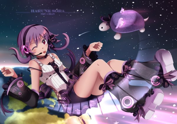 Anime picture 1250x875 with vocaloid harune sora squchan single short hair red eyes purple hair one eye closed wink :p girl detached sleeves tongue headphones star (stars) earth turtle