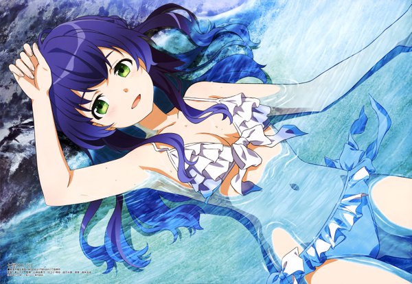 Anime picture 5930x4092 with shichisei no subaru megami magazine kusaka nozomi touyama maki single long hair looking at viewer fringe highres open mouth green eyes blue hair absurdres :d scan official art partially submerged hand on head girl swimsuit