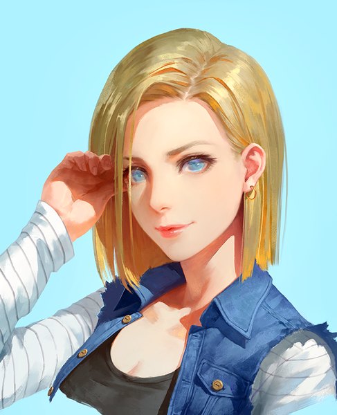 Anime picture 700x861 with dragon ball dragon ball z android 18 lie-on single tall image looking at viewer short hair breasts blue eyes simple background blonde hair smile cleavage upper body arm up lips realistic lipstick torn clothes