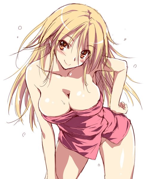 Anime picture 1497x1800 with zutto tsukushite ageru no! minami wakana kikurage (plastic people) long hair tall image looking at viewer blush fringe breasts light erotic simple background blonde hair smile white background bare shoulders brown eyes cleavage leaning leaning forward hand on hip
