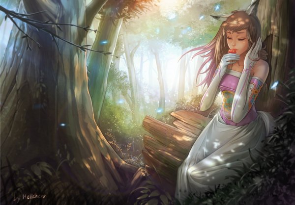 Anime picture 3508x2448 with hellcherr single long hair highres brown hair sitting bare shoulders animal ears absurdres eyes closed lips fox ears glow girl dress gloves flower (flowers) plant (plants) tree (trees) elbow gloves