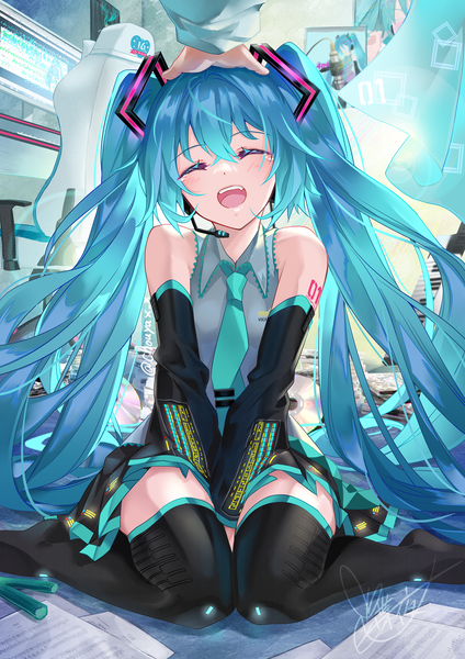 Anime-Bild 1060x1500 mit vocaloid hatsune miku tyouya long hair tall image blush fringe smile hair between eyes sitting twintails bare shoulders signed long sleeves aqua hair tattoo no shoes wariza solo focus hand on another's head
