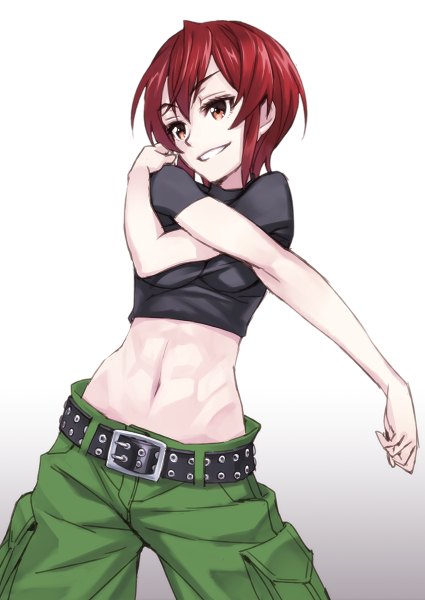 Anime picture 850x1200 with kaibutsu oujo madhouse riza wildman matsuryuu single tall image short hair simple background white background brown eyes looking away red hair bare belly stretch girl navel belt pants