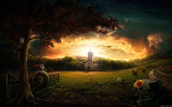 Anime picture 1920x1200 with highres wide image evening sunset landscape plant (plants) tree (trees) sunflower church