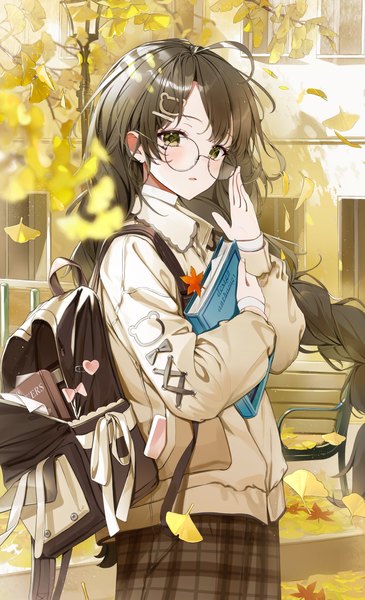 Anime picture 3000x4932 with original eumi 114 single long hair tall image looking at viewer blush fringe highres open mouth brown hair green eyes ahoge outdoors braid (braids) long sleeves blurry twin braids plaid skirt autumn