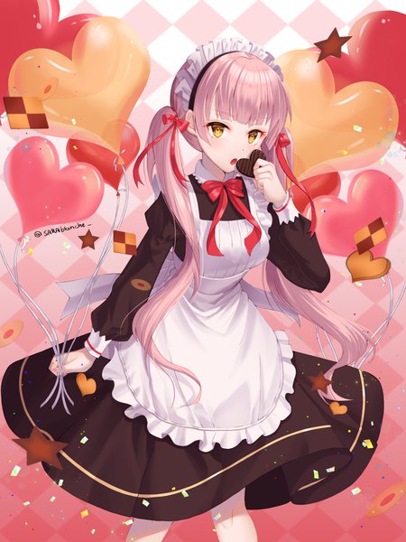Anime picture 3000x4000 with original eunji0093 single long hair tall image looking at viewer fringe highres open mouth twintails yellow eyes pink hair blunt bangs long sleeves :o maid valentine checkered checkered background checkerboard cookie