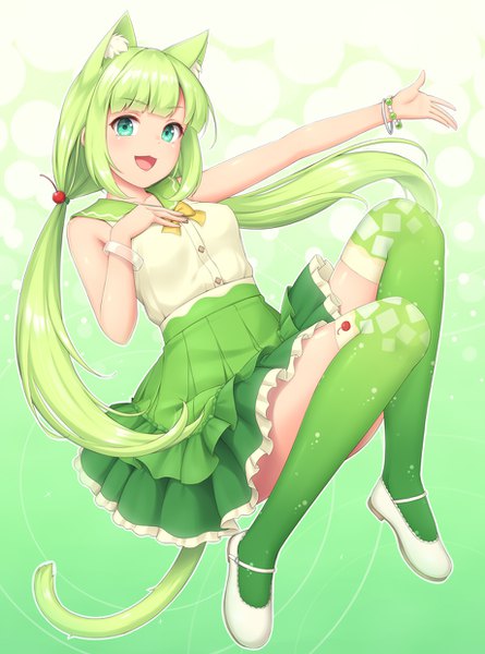 Anime picture 920x1240 with original sasaame single long hair tall image looking at viewer blush fringe open mouth simple background twintails animal ears payot full body :d pleated skirt aqua eyes green hair cat ears sleeveless