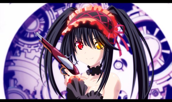 Anime picture 1353x800 with date a live tokisaki kurumi eroishi single long hair black hair smile red eyes wide image twintails yellow eyes heterochromia coloring girl dress weapon detached sleeves hairband black dress gun