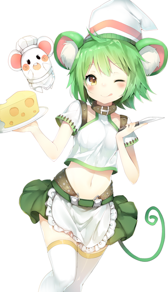 Anime picture 1322x2300 with last period ratte (last period) umibouzu (niito) single tall image blush short hair simple background smile white background holding animal ears yellow eyes tail animal tail one eye closed green hair wink short sleeves midriff