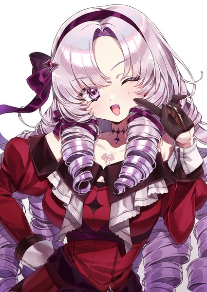 Anime picture 2508x3541 with virtual youtuber nijisanji hyakumantenbara salome hyakumantenbara salome (1st costume) minaramuda single long hair tall image looking at viewer highres open mouth simple background white background purple eyes silver hair purple hair upper body head tilt one eye closed wink