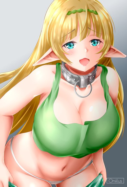Anime-Bild 818x1200 mit isekai maou to shoukan shoujo no dorei majutsu shera l. greenwood oniilus single long hair tall image looking at viewer blush fringe breasts open mouth light erotic simple background blonde hair hair between eyes large breasts standing bare shoulders signed cleavage