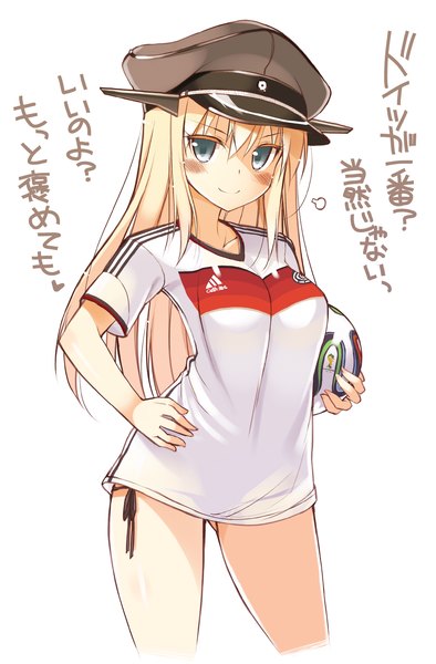 Anime picture 1023x1555 with kantai collection world cup 2014 fifa world cup bismarck battleship oota yuuichi single long hair tall image looking at viewer blush breasts blue eyes light erotic simple background blonde hair smile white background hand on hip military cropped