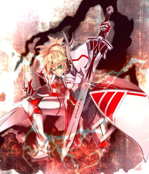 Anime picture 1752x2048 with fate (series) fate/apocrypha mordred (fate) akamiso (k074510) single tall image highres short hair blonde hair smile green eyes full body ponytail girl weapon sword armor