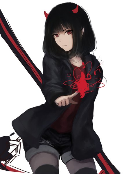 Anime picture 992x1402 with original shimmer single tall image looking at viewer fringe short hair black hair simple background red eyes white background blunt bangs horn (horns) pointy ears tsurime girl weapon shorts hood short shorts