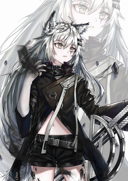 Anime picture 1080x1528 with arknights lappland (arknights) yuuki mix single long hair tall image fringe simple background hair between eyes standing holding animal ears looking away parted lips grey hair scar silver eyes zoom layer wolf ears oripathy lesion (arknights)