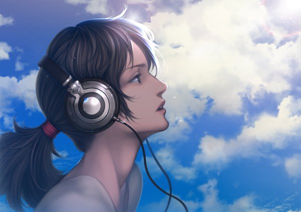 Anime picture 2145x1513 with original amagi (artist) single long hair highres open mouth black hair brown eyes looking away sky cloud (clouds) ponytail sunlight looking up close-up girl headphones wire (wires)