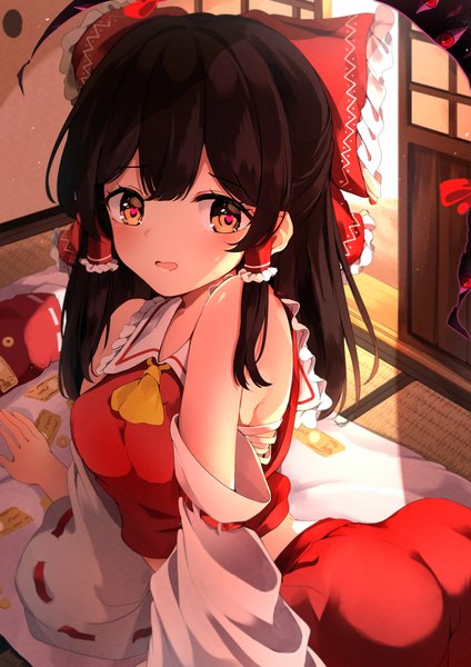Anime-Bild 6355x8988 mit touhou hakurei reimu hunya single long hair tall image looking at viewer fringe highres black hair bare shoulders brown eyes absurdres ahoge traditional clothes japanese clothes symbol-shaped pupils miko on all fours heart-shaped pupils