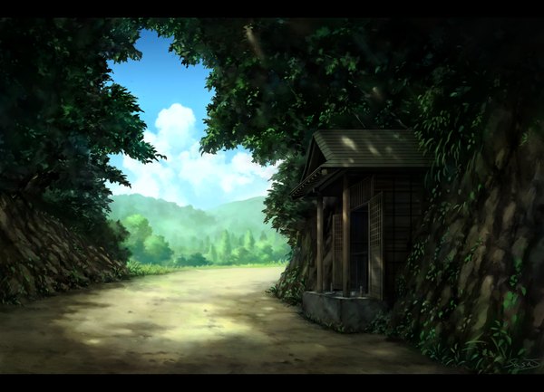 Anime picture 3673x2652 with original sasaj highres signed absurdres sky cloud (clouds) sunlight shadow letterboxed no people scenic plant (plants) tree (trees) road shrine