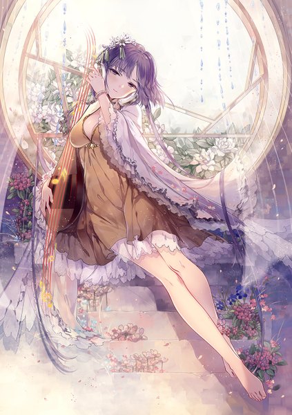 Anime picture 988x1400 with touhou tsukumo benben kieta single tall image looking at viewer blush fringe short hair breasts hair between eyes sitting purple eyes holding purple hair full body indoors head tilt barefoot arm up