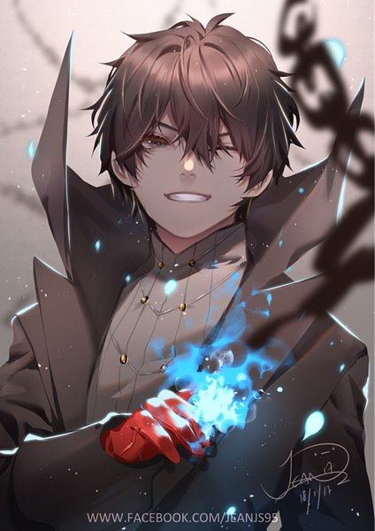 Anime picture 585x826 with persona 5 persona amamiya ren j 315 (jean) single tall image looking at viewer fringe short hair black hair smile hair between eyes signed upper body one eye closed wink grey eyes depth of field grin glowing