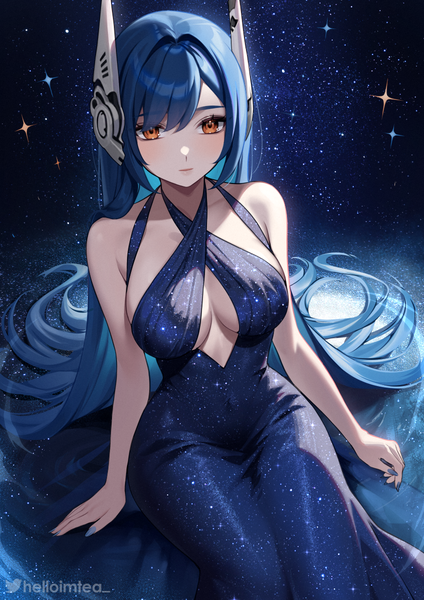Anime-Bild 848x1200 mit girls frontline tar-21 (girls' frontline) helloimtea single long hair tall image breasts light erotic large breasts sitting signed blue hair looking away orange eyes sleeveless twitter username cleavage cutout expressionless starry sky print space print