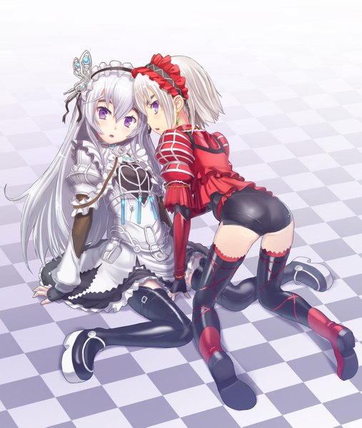 Anime picture 1485x1755 with hitsugi no chaika studio bones chaika trabant chaika bogdan nostra long hair tall image looking at viewer blush short hair light erotic sitting purple eyes multiple girls ass looking back puffy sleeves on all fours checkered floor girl