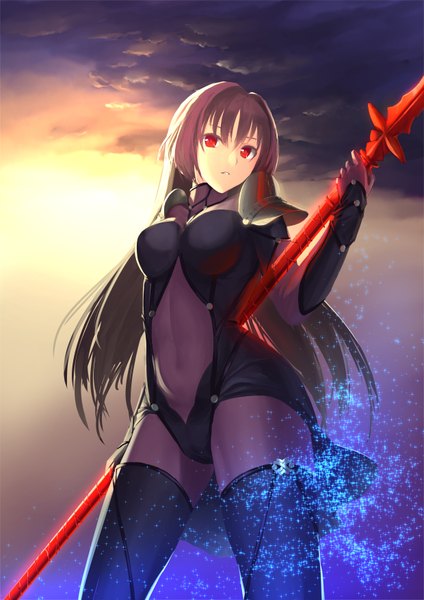 Anime picture 2480x3508 with fate (series) fate/grand order type-moon scathach (fate) (all) scathach (fate) ccjn single long hair tall image fringe highres breasts light erotic red eyes brown hair sky cloud (clouds) evening sunset girl