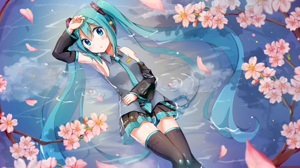 Anime picture 1920x1080 with vocaloid hatsune miku snowmi single looking at viewer blush fringe highres wide image bare shoulders sky cloud (clouds) long sleeves very long hair parted lips pleated skirt aqua eyes from above aqua hair tattoo