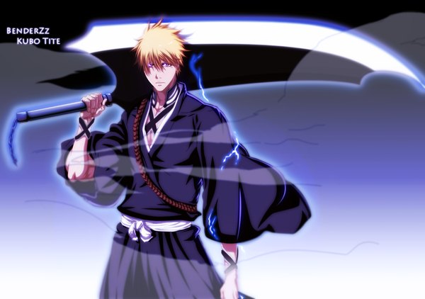 Anime picture 1200x844 with bleach studio pierrot kurosaki ichigo benderzz single short hair japanese clothes pink eyes orange hair coloring magic smoke boy weapon belt kimono huge weapon huge sword