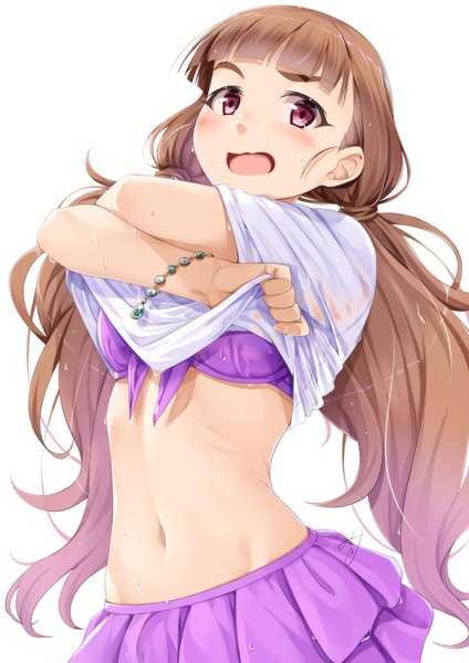 Anime picture 827x1169 with idolmaster idolmaster cinderella girls kamiya nao miri (ago550421) single long hair tall image looking at viewer blush fringe open mouth light erotic simple background red eyes brown hair standing white background signed blunt bangs undressing