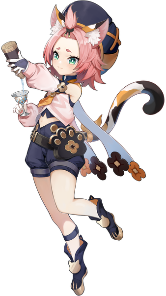 Anime-Bild 3680x6542 mit genshin impact diona (genshin impact) single tall image highres short hair standing holding green eyes animal ears looking away pink hair absurdres full body tail animal tail cat ears official art cat girl cat tail