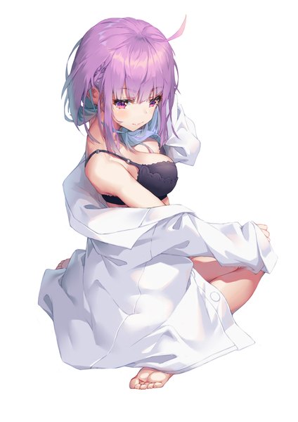 Anime picture 1414x2000 with virtual youtuber hololive minato aqua xi zhujia de rbq single long hair tall image blush fringe breasts light erotic simple background white background sitting purple eyes bare shoulders payot looking away purple hair full body