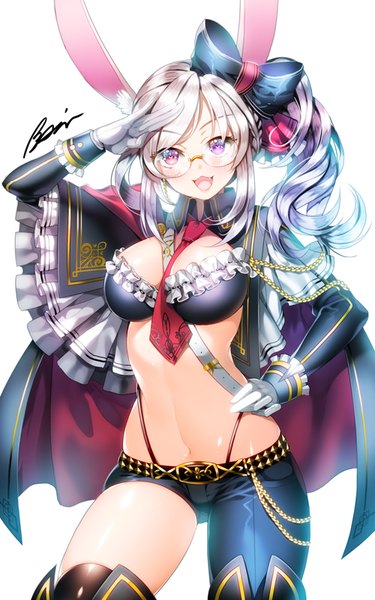 Anime-Bild 500x800 mit original aile (crossroads) single long hair tall image looking at viewer breasts open mouth light erotic white background purple eyes animal ears silver hair side ponytail girl gloves navel bow hair bow glasses
