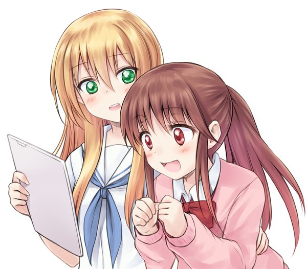 Anime picture 1140x1000 with saki takakamo shizuno oohoshi awai suzushiro yukari long hair blush open mouth simple background blonde hair red eyes brown hair white background multiple girls green eyes ponytail girl uniform 2 girls school uniform