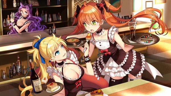 Anime picture 2048x1152 with girl cafe gun juno emmons (girl cafe gun) rococo (girl cafe gun) nola moon (girl cafe gun) bison cangshu long hair fringe highres breasts open mouth blue eyes light erotic blonde hair hair between eyes wide image large breasts purple eyes twintails multiple girls holding