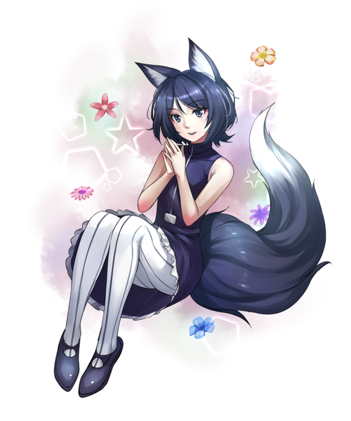 Anime picture 864x1038 with monster girl encyclopedia maritan (artist) single tall image fringe short hair blue eyes black hair simple background white background sitting bare shoulders animal ears looking away bent knee (knees) tail head tilt animal tail fox ears fox tail