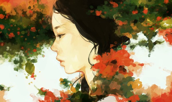 Anime picture 1129x672 with original tae (artist) single black hair wide image profile grey eyes girl flower (flowers) plant (plants)